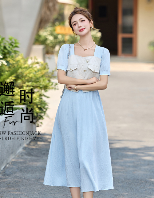 新款女装牛仔拼接气质收腰显瘦时尚假两件套连衣裙